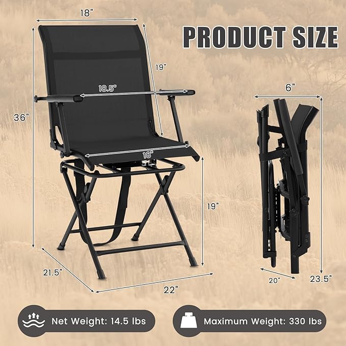 LDAILY Moccha Hunting Chair, 360° Swivel Blind Chair w/Armrest & Mesh Back, Non-Slipping Pads, Sturdy Metal Frame, 330LBS Capacity, Portable and Silent Folding Hunting Chairs for Blinds (Black)