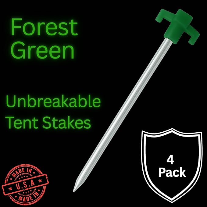 Tricc Unbreakable Heavy Duty Steel Tent/Canopy Stakes, Galvanized Non-Rust 10" Three Pegged Solid, Sturdy Stakes for Outdoor Trips, Camping, Hiking & Gardening. 4 Colors Made in The USA (Green)