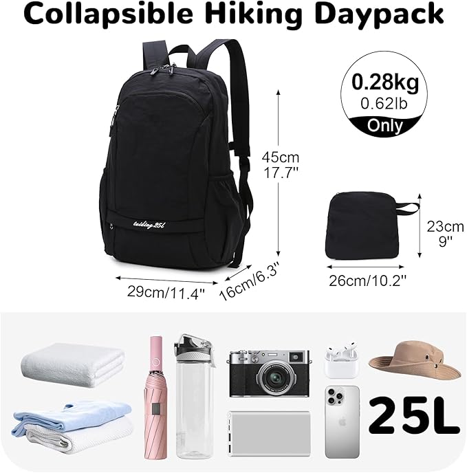 25L Collapsible Hiking Backpack with Chest Strap for Men, Foldable Lightweight Gym Backpack with Waterproof Wet Pocket, Black