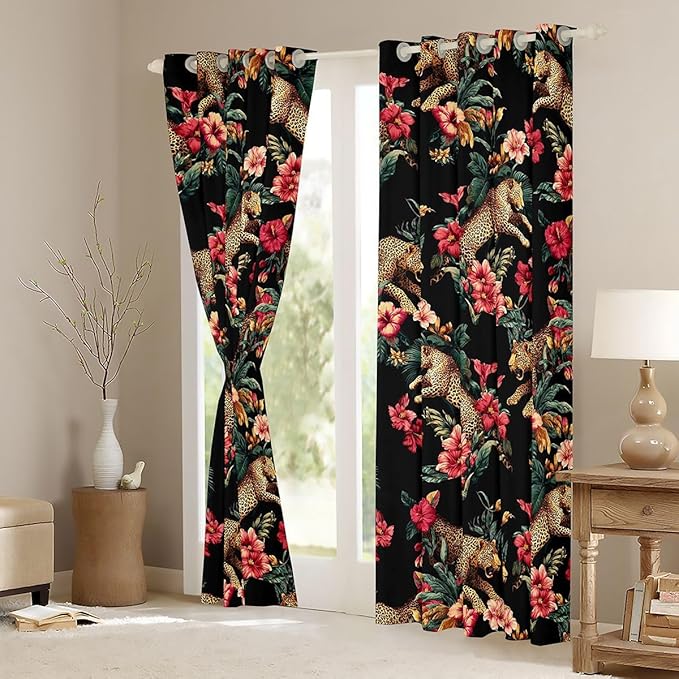 Brown Leopard Window Curtain | Tropical Palm Leaf Window Treatment Curtain for Adult Bedroom Decor,Wild Animals Cheetah Curtains Vintage Africa Jungle Living Room Top 2 Panels,52Wx84L