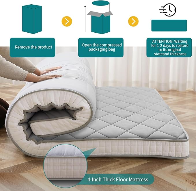 SUNYRISY Japanese Floor Futon Mattress, Roll Up Sleeping Tatami Mat Floor Lounger Guest Bed, Portable and Foldable Camping Mattress, Beige Queen