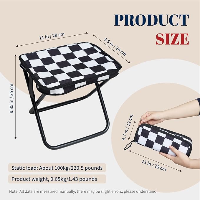 Collapsible Stool Camping Folding Stools: 1.1lbs Lightweight Portable Foot Stool Load 300lbs - 10.5 Inch Camping Chair Fishing Hiking Gardening Beach BBQ with Carry Bag Easy Transport (Black & White)