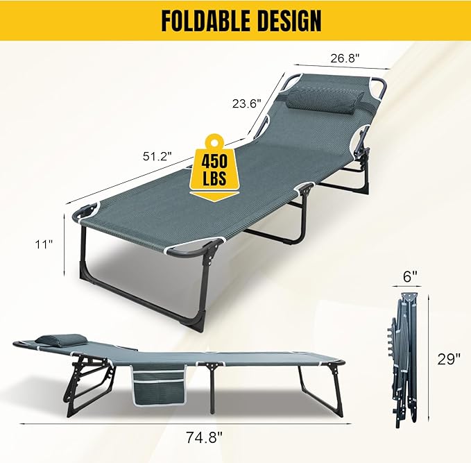 YELLOW JACKET Folding Camping Cot for Adults Adjustable 5-Position Portable Sleeping Cot Bed with Pillow and Removable Mattress Reclining Foldable Camp Cots for Outdoor,Home,Beach,Patio,Grey