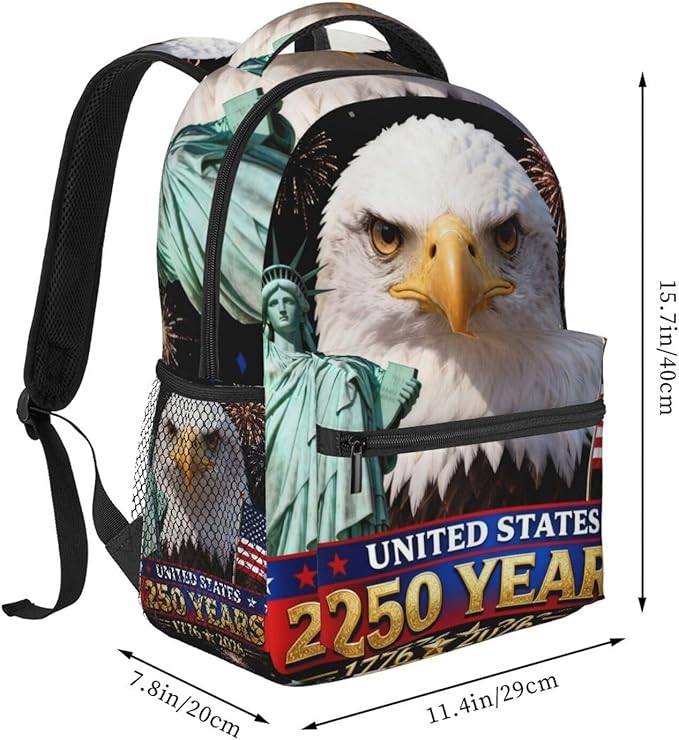 Men Women Polyester USA 250th Anniversary America Patriotic Art Daypack Big Capacity Shoulder Bag With Adjustable Shoulder Straps for Camping Travel Walking Cycling