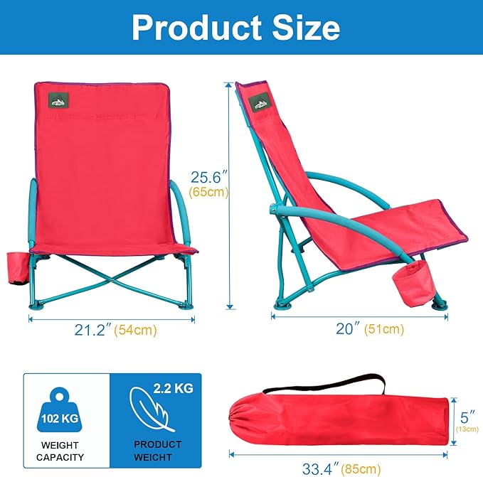 Northroad 2 Pack Low Folding Beach Chair,Portable Lightweight Lowback Sling Chair, Outdoor Low Seat Camping Chair w/Cup Holder & Carry Bag for Sand Camping Lawn Picnic Festival,Pink