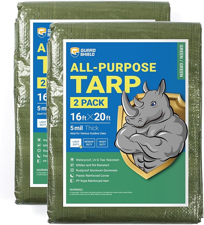 GUARD SHIELD Tarp Green 16x20 Feet Multi Purpose Waterproof Poly Tarp Cover 4mil (2-Pack)