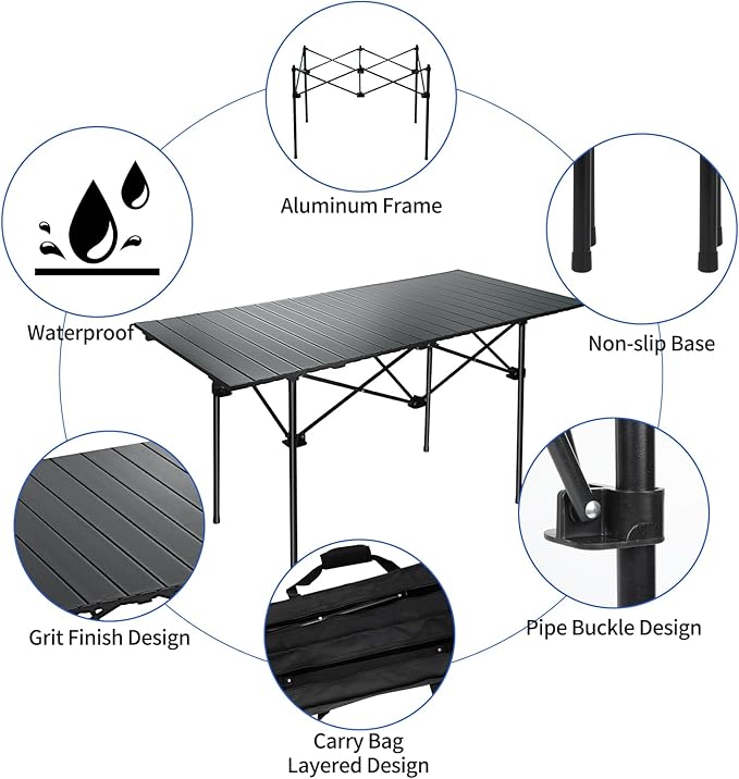 Camping Table 4Ft Folding Table Folding Picnic Aluminum Roll up Camp for Outdoor Beach Grill BBQ Travel Black