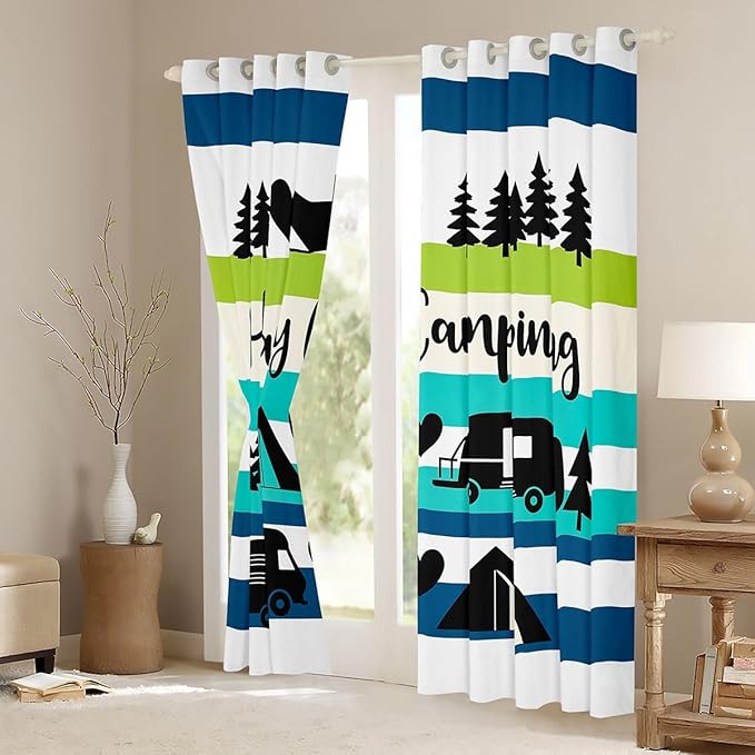 Erosebridal Happy Camping Camper Blackout Curtains for Bedroom Living Room Vehicles Camping Window Curtains 2 Panels 38" Wx54 L Country Pine Tree Mountain Drapes,Colorful Stripes Window Treatments