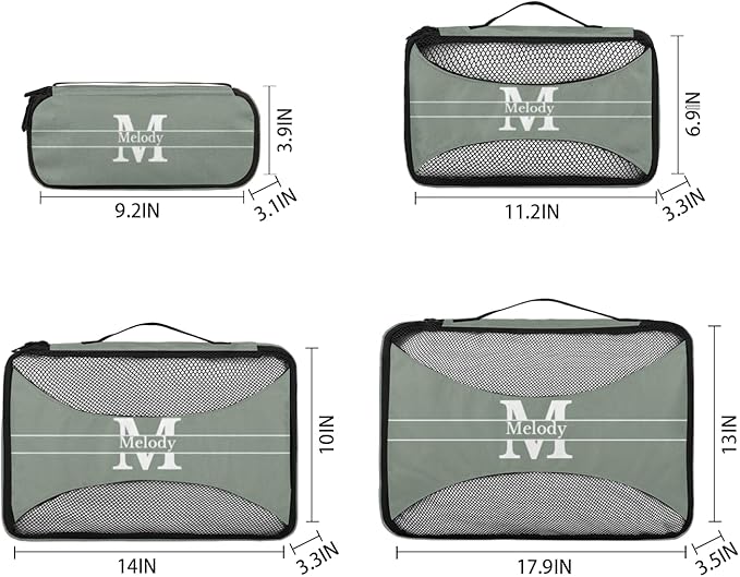 Custom Packing Cubes with Name, 4Pcs/Set Travel Luggage Packing Organizers Set for Women, Dark Matcha Green Background with Initial Name