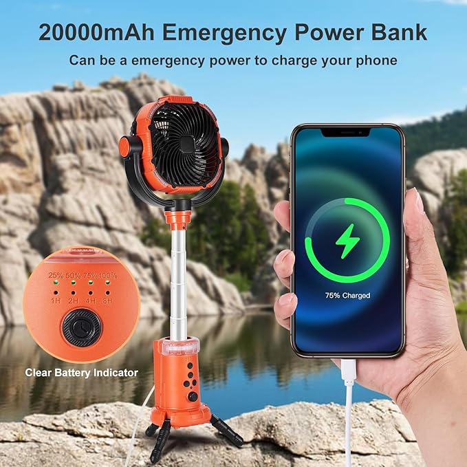 Odoland 20000mAh Camping Fan with Lantern, 360° Oscillation Rechargeable Battery Operated Outdoor Power Fan with Remote, Hook ＆ RGB Light for Camp, Family Travel and Jobsite, Orange