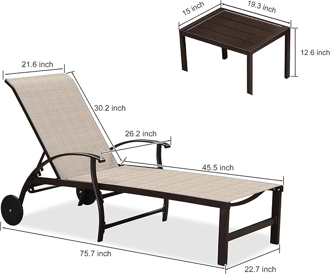 PURPLE LEAF Outdoor Chaise Lounge Chair Set of 3 Patio Pool Lounger Aluminum Chairs with Side Table and Wheels Adjustable Tanning Recliner for Outside Backyard Yard Deck Balcony Beach Khaki