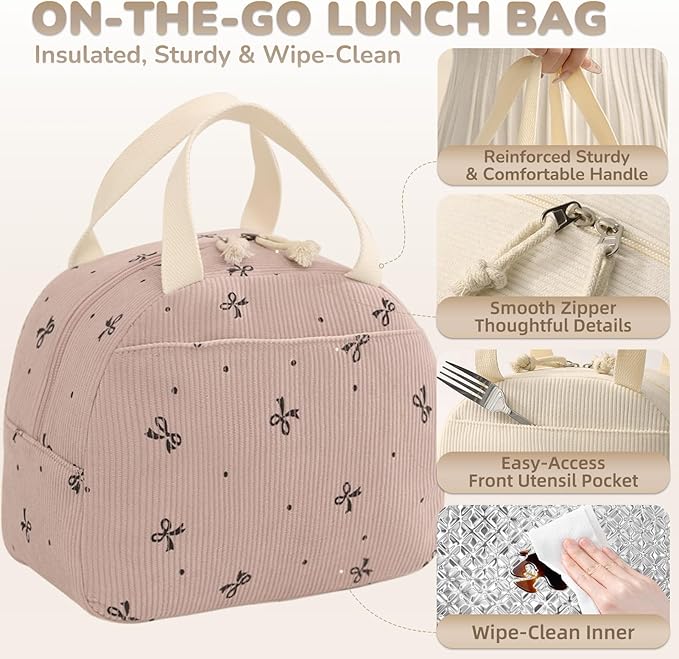 Lunch Bag for Women Men Cute Corduroy Lunch Tote Bags Reusable Insulated Lunch Box Large Capacity Reusable Insulated Cooler for Work/Picnic/Travel