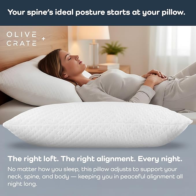 Olive + Crate BreathePure® Adjustable Loft Shredded Memory Foam Pillow - Queen Size - Cooling Pillow, Hypoallergenic Bed Pillows, CertiPUR-US Certified Foam, Ideal for Back, Stomach and Side Sleeper