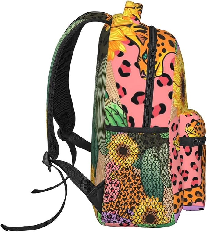Polyester Daypack Backpack for Trekking Picnic Walking Cycling, Large Capacity Anti-Theft Multipurpose Shoulder Bag, 90S Sunflower Leopard Cactus Casual Daypack