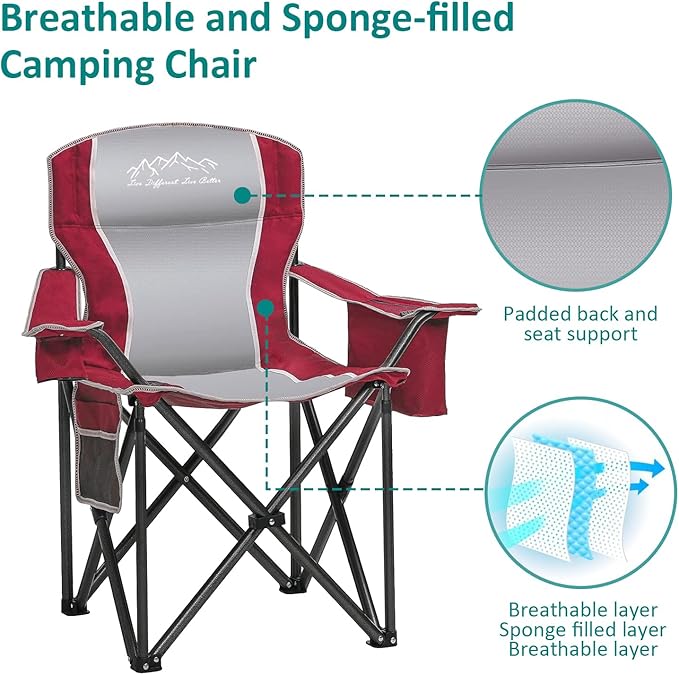 Camping Chair with Cooler Bag, Cup Holder, Storage Pocket, Heavy Duty 450lbs Capacity with Large Anti-Sink Feet, Portable Folding Padded Chair for Outdoor, Beach, Fishing, Sports, Red