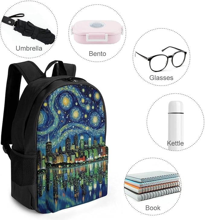 Supdreamc Women Men Polyester Chicago City Skyline Night View Starry Sky Painting Casual Daypack Large Capacity Bookbag With Side Pockets for Sports Picnic Walking Cycling