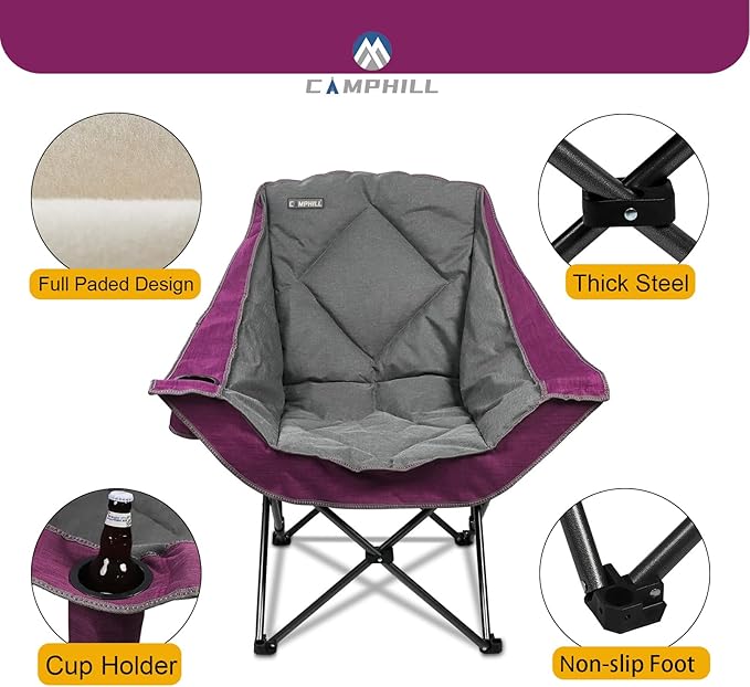 CAMPHILL Folding Camping Chair,Oversized Portable Camping Chair with Cup Holder,Heavy Duty Padded Lawn Chair for Camping, Tailgates, Beach, and Sports