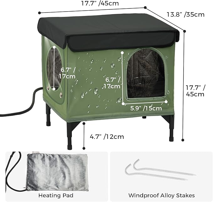 Heated Cat House for Outside, Outdoor Cat House Featuring Escape Door in Winter, 100% Waterproof Cat Shelter with Heating Pad for Community Cats, Strays, and Ferals, Insulated Warming House