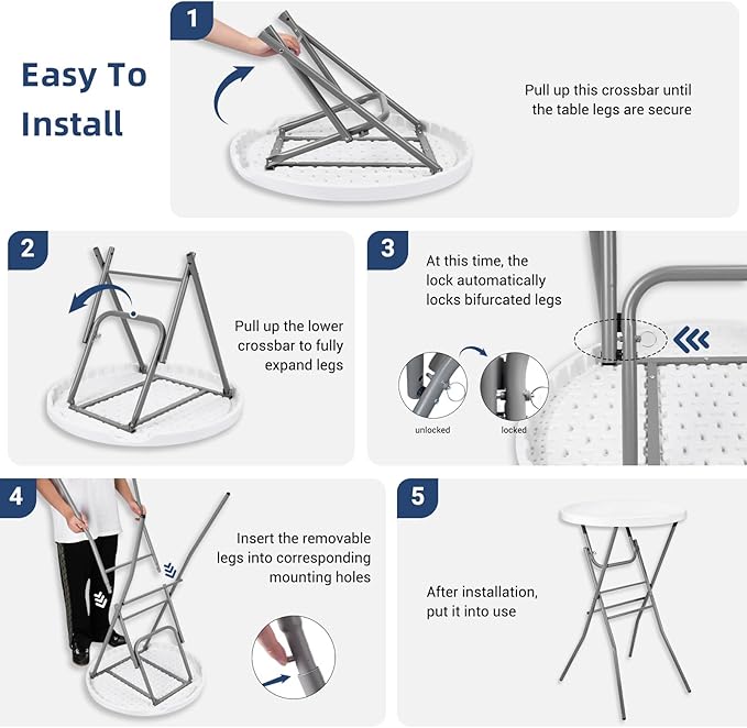 Cocktail Table 28in Folding Round High Top Indoor Outdoor with Removable Legs, Tall Bistro Foldable Bar Height Table for Parties, Patio, Backyard, Dining, Wedding, White- 2PCS