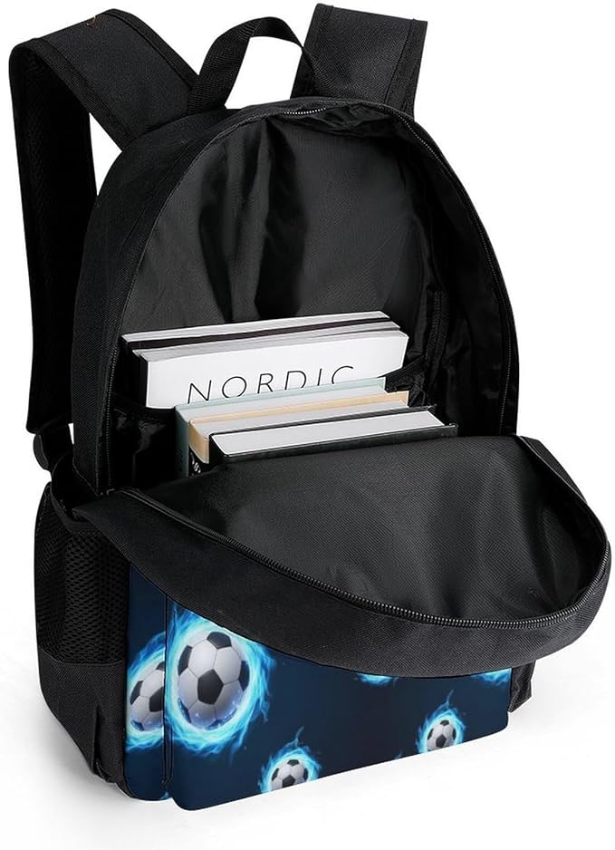 Stylish Outdoor Backpack Gym Bag with Large Capacity for College, Blue Fire Flame Soccer Football College Bookbag