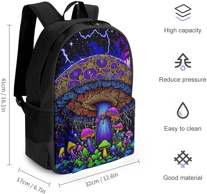 Supdreamc Daypack Bookbag Multipurpose Anti-Theft Big Capacity Carry On Bag, Psychedelic Magic Mushrooms Trippy Galaxy Space Art Travel Hiking Camping Rucksack With Padded Straps