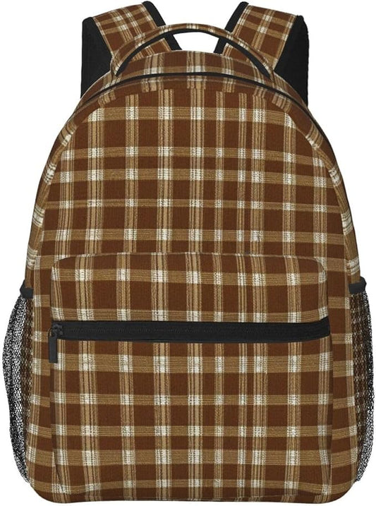Daypack Bookbag Anti-Theft Multipurpose Large Capacity Bookbag, Beige Tartan Pattern Travel Hiking Camping Rucksack With Adjustable Shoulder Straps