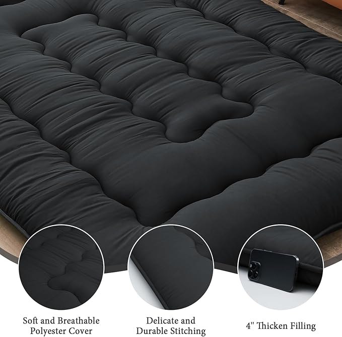 DAICO Japanese Floor Mattress, 4'' Thicken Futon Mattress Tatami Mat, Sleeping Pad Foldable Roll Up Mat for Camping and Guest Room, Full Size 54''*80'', Black