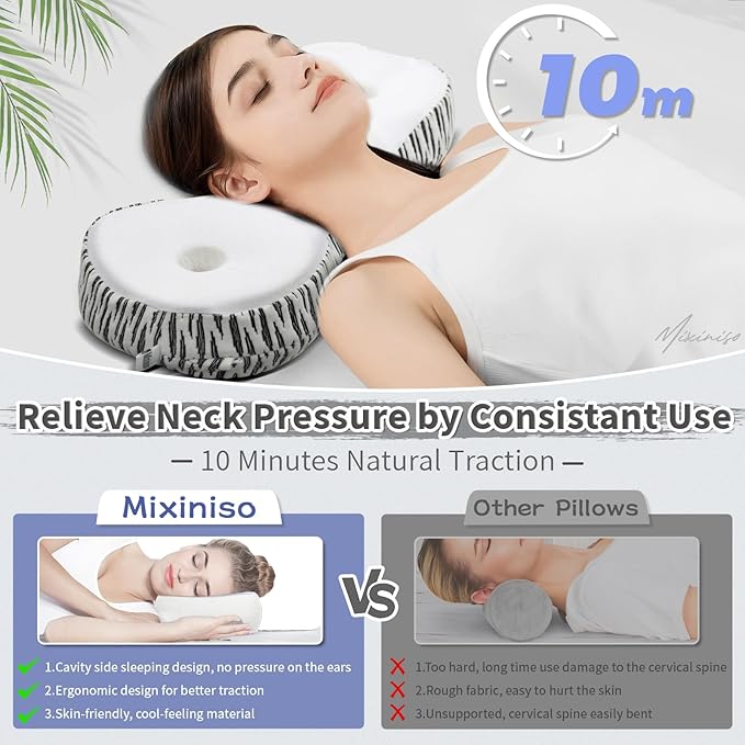 Neck Support Pillow, Cervical Neck Roll Memory Foam Pillow, Cervical Traction Device, Neck Pillow for Side Sleepers, Camping & Travel Pillow with Portable Bag
