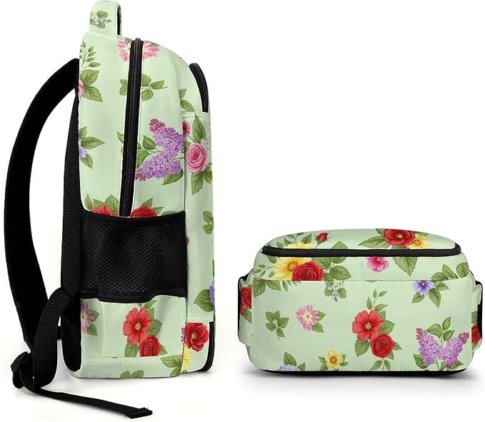 Nurse Teacher Laptop Backpack Shabby Chic Flowers Roses Pedals Dots Leaves Buds Spring Season Theme, Cute Travel Backpack Purse with Tumbler Holder for Women College Work Commute