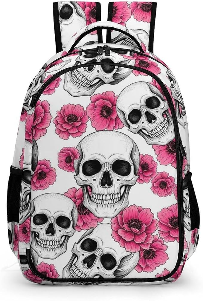 Lightweight Travel Daypack Pink Flowers Sugar Skulls, Cute Laptop Backpack with Tumbler Holder for Women Nurse Teacher Work Hiking
