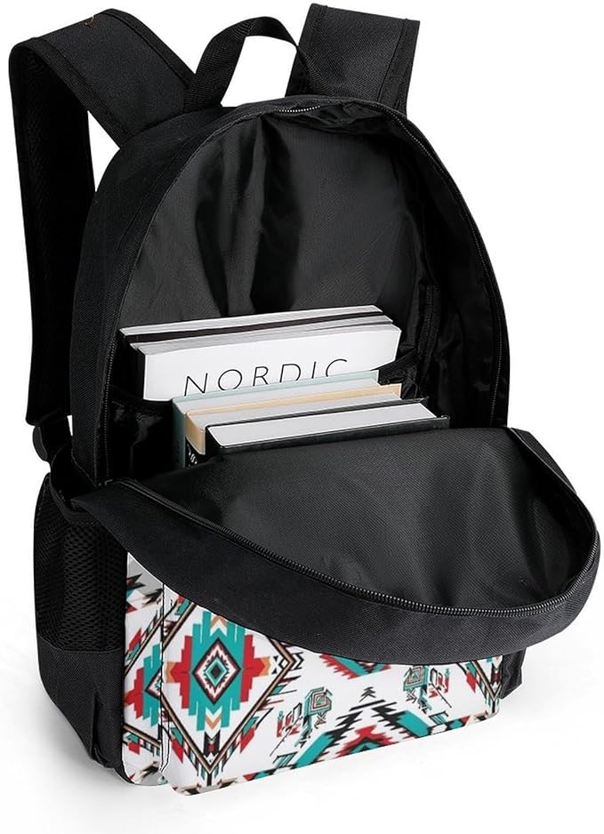 Polyester Daypack Backpack for Trekking Picnic Walking Cycling, Large Capacity Anti-Theft Multipurpose Shoulder Bag, Geometric Indiana Western Southwest Tribal Ethnic Aztec White Casual Daypack