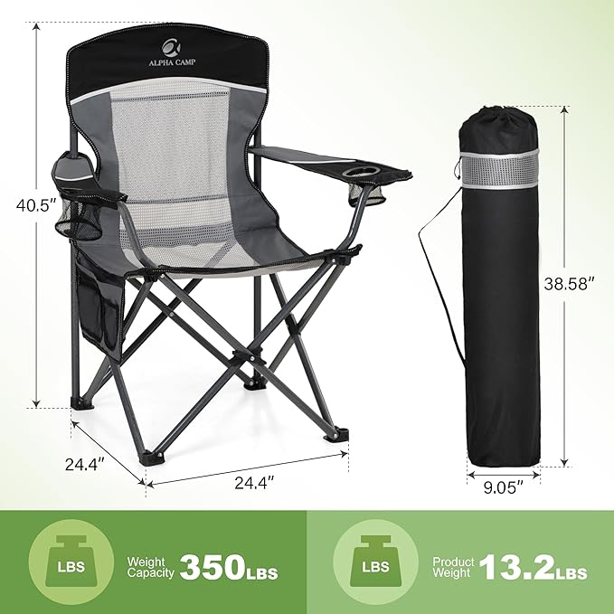 LET'S CAMP 2 Pack Mesh Back Camping Chair Portable Folding Heavy Duty Outdoor Chair Support 330 LBS Durable Large Arm Chair with Cup Holder and Carry Bag for Camp, Fishing, Hiking, Black