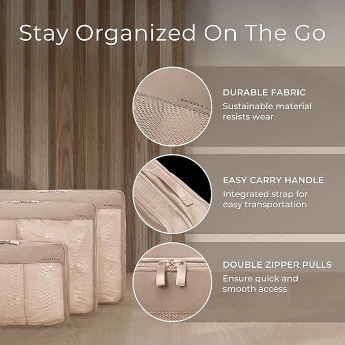 Briggs & Riley Compression Packing Cube Set - Bag Organizer for Check In Suitcase & Luggage, For Women & Men, Pack Accessories for Vacation - Travel Must Haves, 3-Piece, Tan