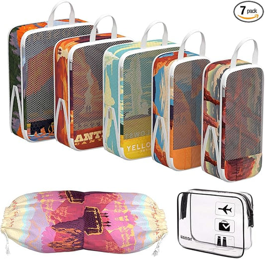 Compression Packing Cubes for Travel, 7 Set National Park Expandable Mesh Luggage Organizers, Waterproof Expandable/Compression Bags Travel Packing Cubes with Clear Toiletry Bag