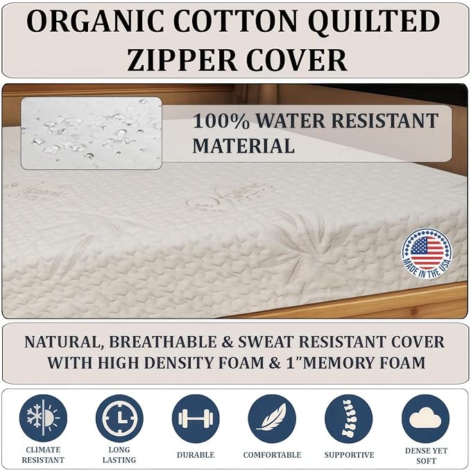 Foamma 4” x 48" x 75", Firm with Organic Cotton Cover, Mattress Replacement for RV Bunk, Camper, Truck & Travel Trailer, Back Support, CertiPUR-US Certified, Made in USA
