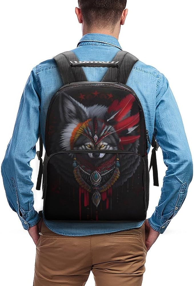 Daypack Lightweight Multipurpose Anti-Theft Indian Tribal Feather Demon Wolf Art Shoulder Bag Large Capacity Laptop Book Bag Rucksack With Adjustable Shoulder Straps