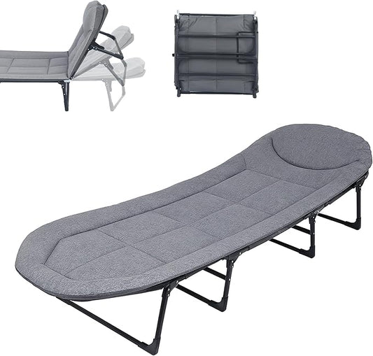 Chaise Lounge Chair, Folding Cot, 6-Angle Adjustable Camping Cot with Mattress for Patio and Beach, Foldable Bed Portable Heavy Duty Lay Flat Reclining with Pillow (Grey, XL - 80")