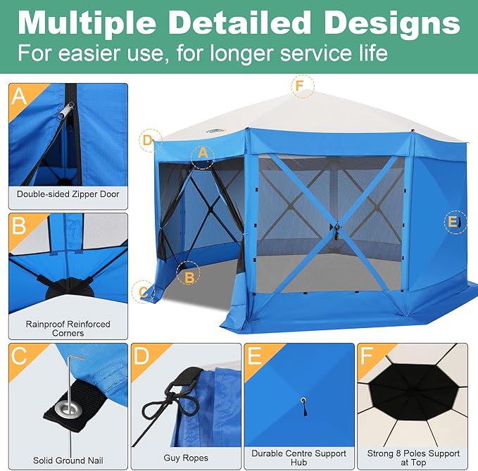 COBIZI 15x15 FT Pop Up Gazebo - Canopy Tent, Large Gazebos On Clearance with Sidewalls, Screened in Gazebo,carpas para Patio,Portable Screen Tents for 12-15 Persons Outdoor Camping, Backyard, Blue