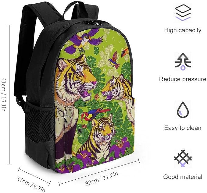 Supdreamc Daypack Backpack Polyester Anti-Theft Multipurpose Tropical Floral Wild Animals Tigers Parrot Green Bookbag Big Capacity Travel Hiking Camping Rucksack With Smooth Zippers