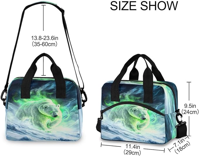 ALAZA White Bear Green Aura Lunch Box for Men Women Adults Insulated Lunch Bag Cooler Bag with Adjustable Shoulder Strap for Work Picnic Travel