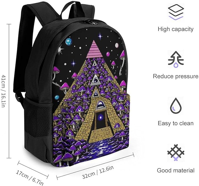 Men Women Polyester Trippy Magic Pyramid Mushrooms Universe Art Casual Daypack Large Capacity Carry On Bag With Adjustable Shoulder Straps for Camping Work Running