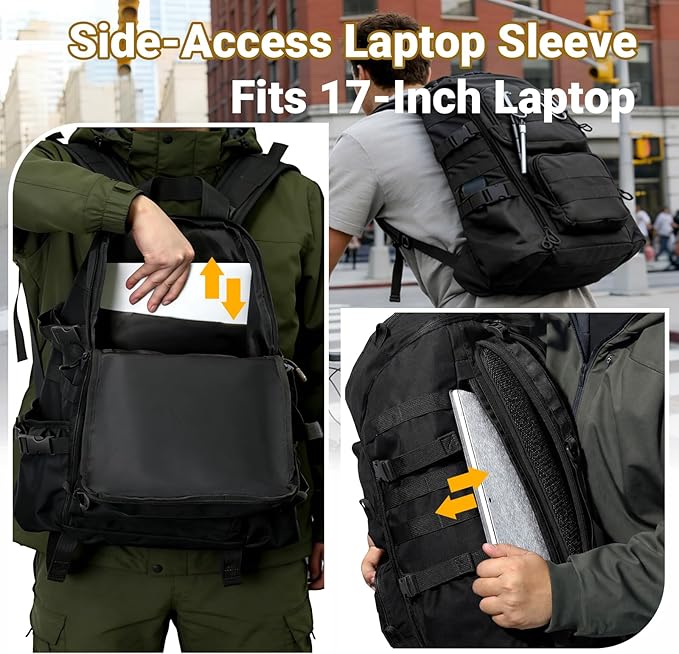 Lightweight Tactical Backpacks with Laptop Compartment for Men 40L EDC MOLLE Military Style 17 in Computer with Cup Holder Travel Hiking Daypack