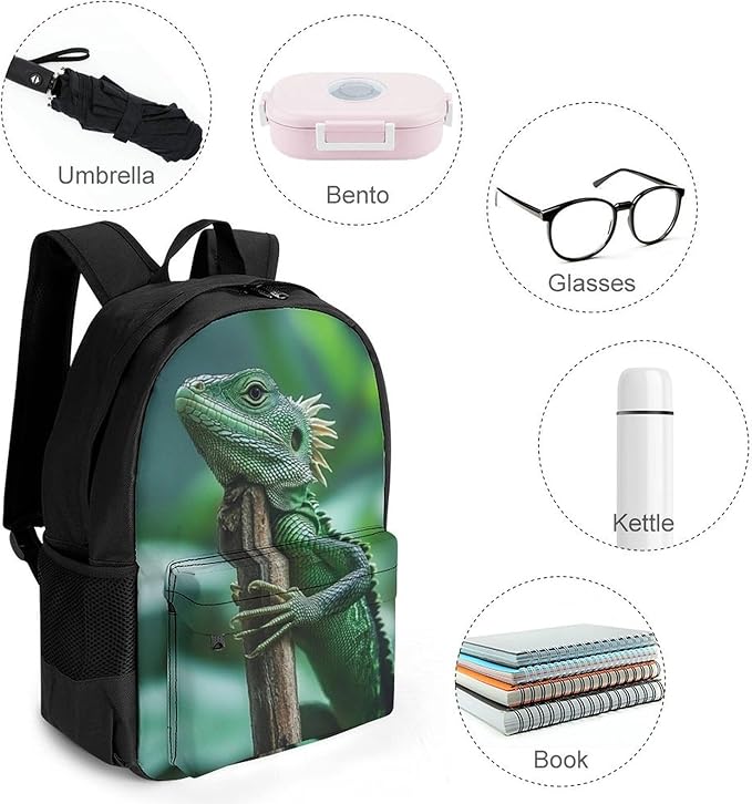 Polyester Daypack Backpack for Sports Travel Running, Big Capacity Anti-Theft Multipurpose Carry On Bag, Green Bearded Dragon Lizards Climbing The Tree Laptop Book Bag Rucksack