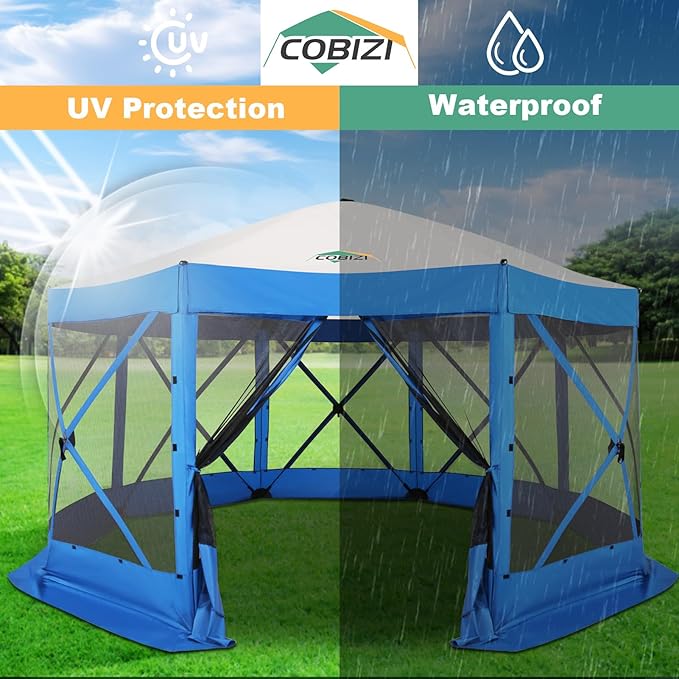 COBIZI 15x15 FT Pop Up Gazebo - Canopy Tent, Large Gazebos On Clearance,Instant Screened in Gazebo,carpas para Patio,Portable Screen Tents for 12-15 Persons Outdoor Camping, Backyard, Blue
