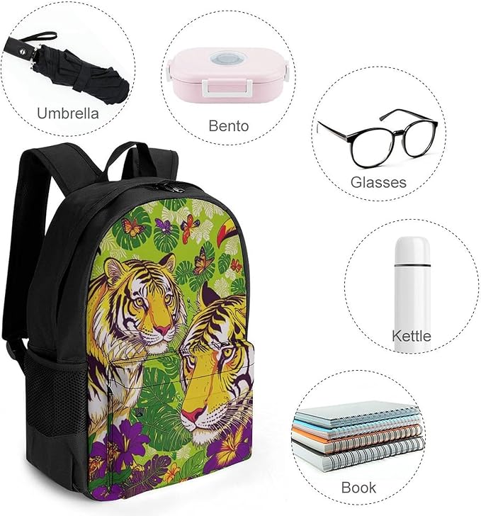 Supdreamc Backpack Lightweight Anti-Theft Multipurpose Tropical Floral Wild Animals Tigers Parrot Green Shoulder Bag Large Capacity Travel Hiking Backpack With Padded Straps