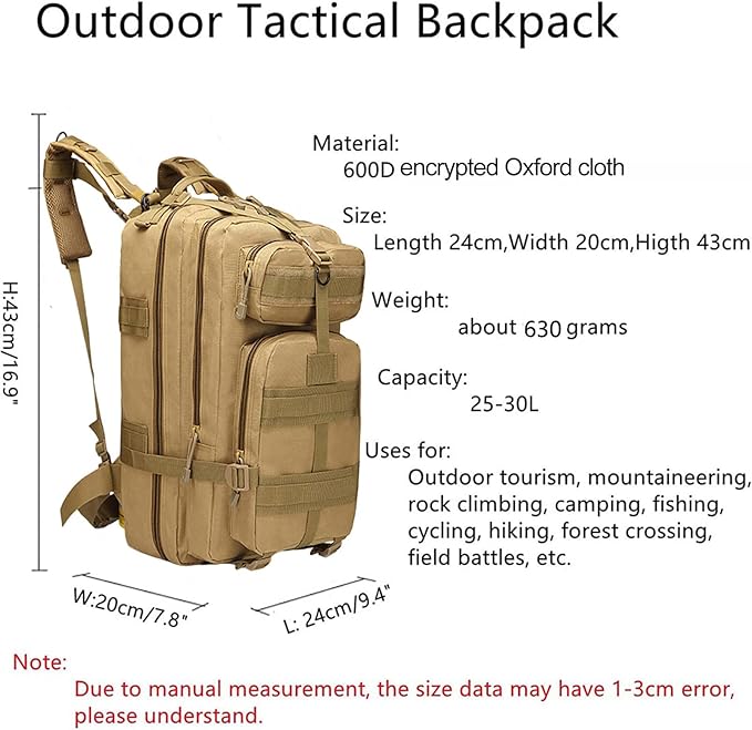 Lawaia Small Tactical Backpack Military Survival Molle Army Go Bag Hunting Gym Rucking Hiking Camping Motorcycle Rucksack With Weights for Men and Women 30L (Khaki)