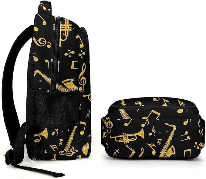 Laptop Backpack Saxophone Trumpets Music Gold Black, Sturdy Water Resistant College Bookbag with Water Bottle Pockets for Business Travel Commute