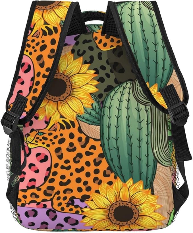 Polyester Daypack Backpack for Trekking Picnic Walking Cycling, Large Capacity Anti-Theft Multipurpose Shoulder Bag, 90S Sunflower Leopard Cactus Casual Daypack