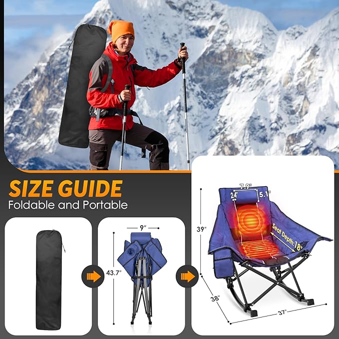 Suteck Heated Rocking Camping Chair - Fully Thicker Padded Heated Chairs for Outdoor Sports W/3 Heat Levels for Back & Seat, Heated Folding Chair for Adults with Carry Bag- Battery NOT Included