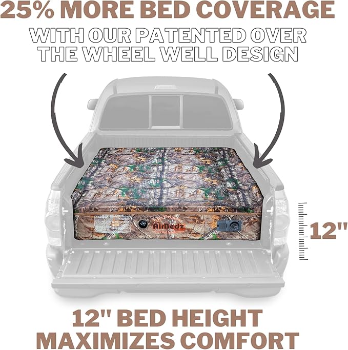 AirBedz by Pittman Outdoors Truck Bed Air Mattress - Full-Size, Long Bed, 8' Long, Built-In Rechargeable Battery Air Pump, Realtree Camo, Carry Bag, Patch Kit, 95"L x 63.5"W x 12"H